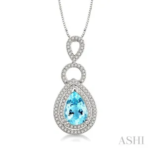 10x7mm Pear Shape Aquamarine and 1/3 Ctw Round Cut Diamond Semi Precious Pendant in 14K White Gold with Chain