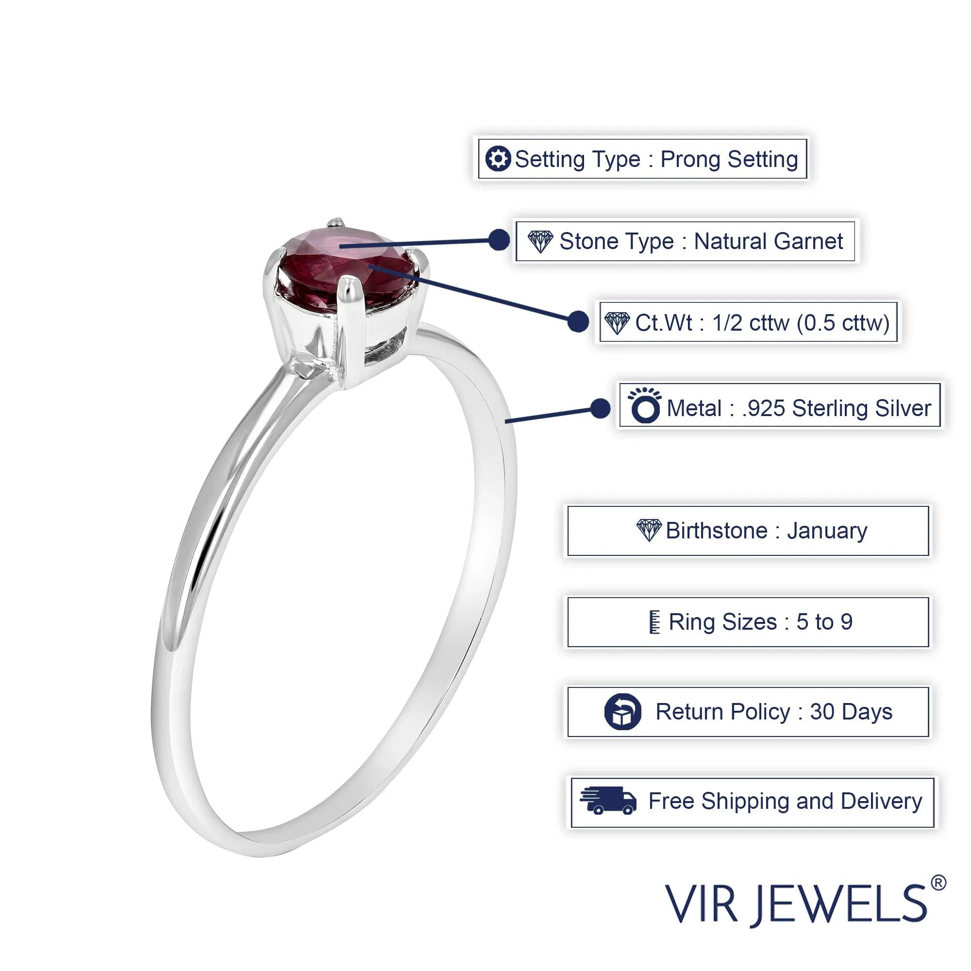 1/2 cttw Garnet Ring .925 Sterling Silver with Rhodium Solitaire Round 5 MM
