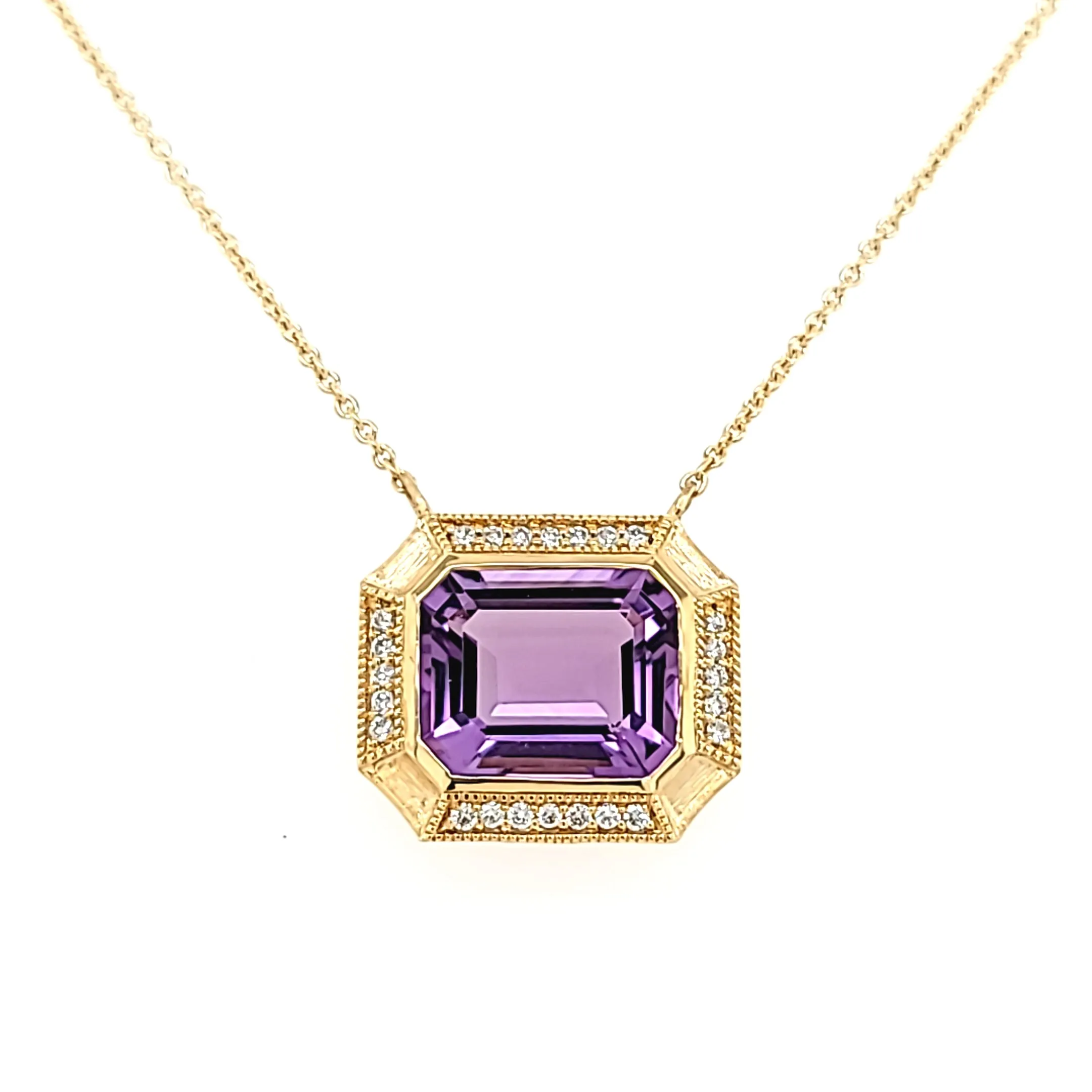 14k Matte Yellow Gold Amethyst & Diamond Necklace (I7524)