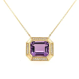14k Matte Yellow Gold Amethyst & Diamond Necklace (I7524)