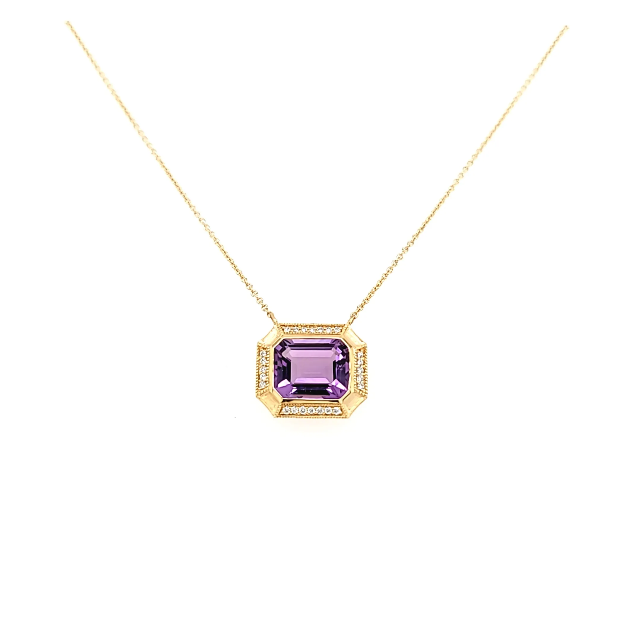 14k Matte Yellow Gold Amethyst & Diamond Necklace (I7524)