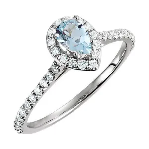 14K WHITE GOLD AQUAMARINE & 3/8 CTW DIAMOND HALO RING