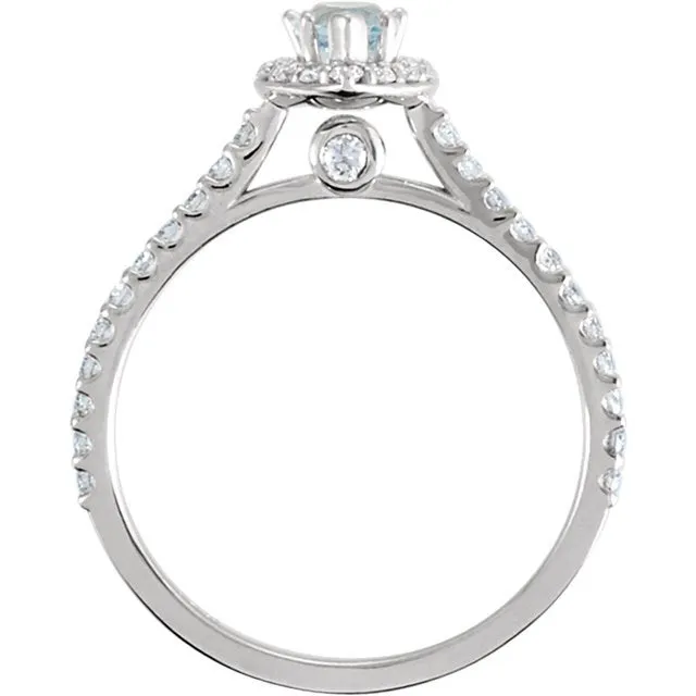 14K WHITE GOLD AQUAMARINE & 3/8 CTW DIAMOND HALO RING