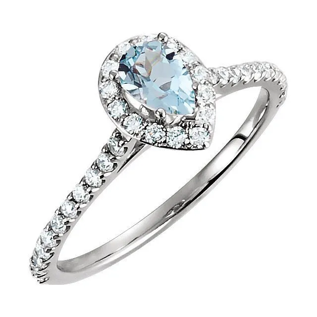 14K WHITE GOLD AQUAMARINE & 3/8 CTW DIAMOND HALO RING