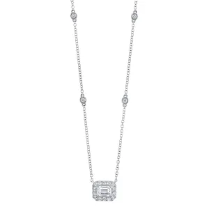 14K White Gold Emerald Diamond Pendant Station Necklace