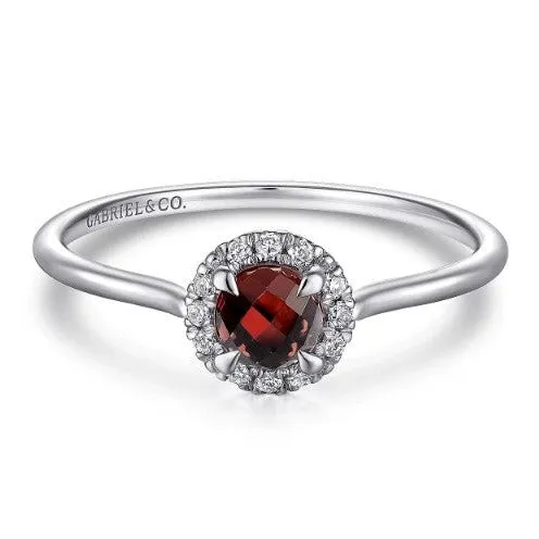 14K White Gold Garnet and Diamond Halo Promise Ring