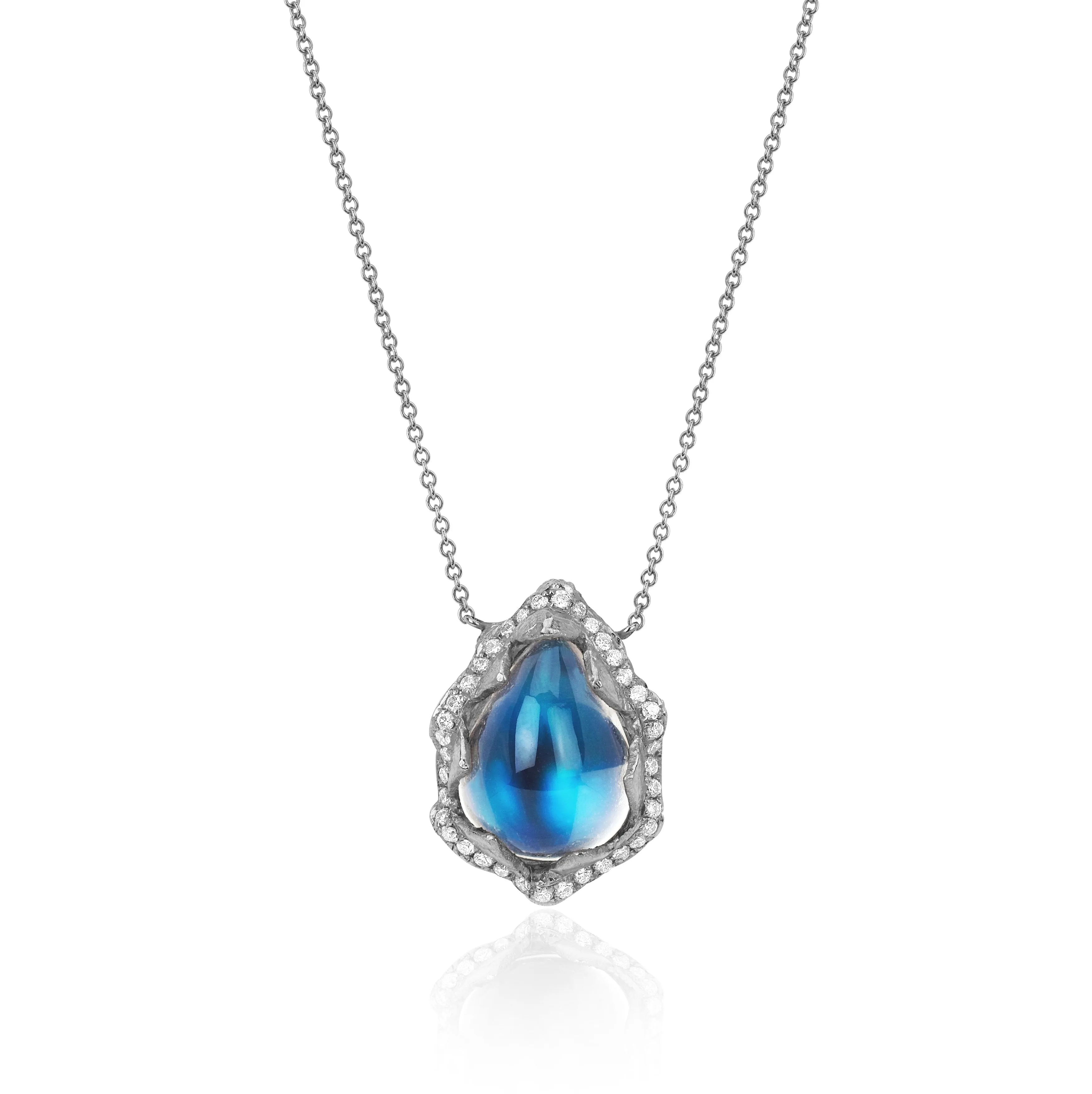 18k Queen Water Drop Blue Sheen Moonstone Necklace with Full Pavé Halo