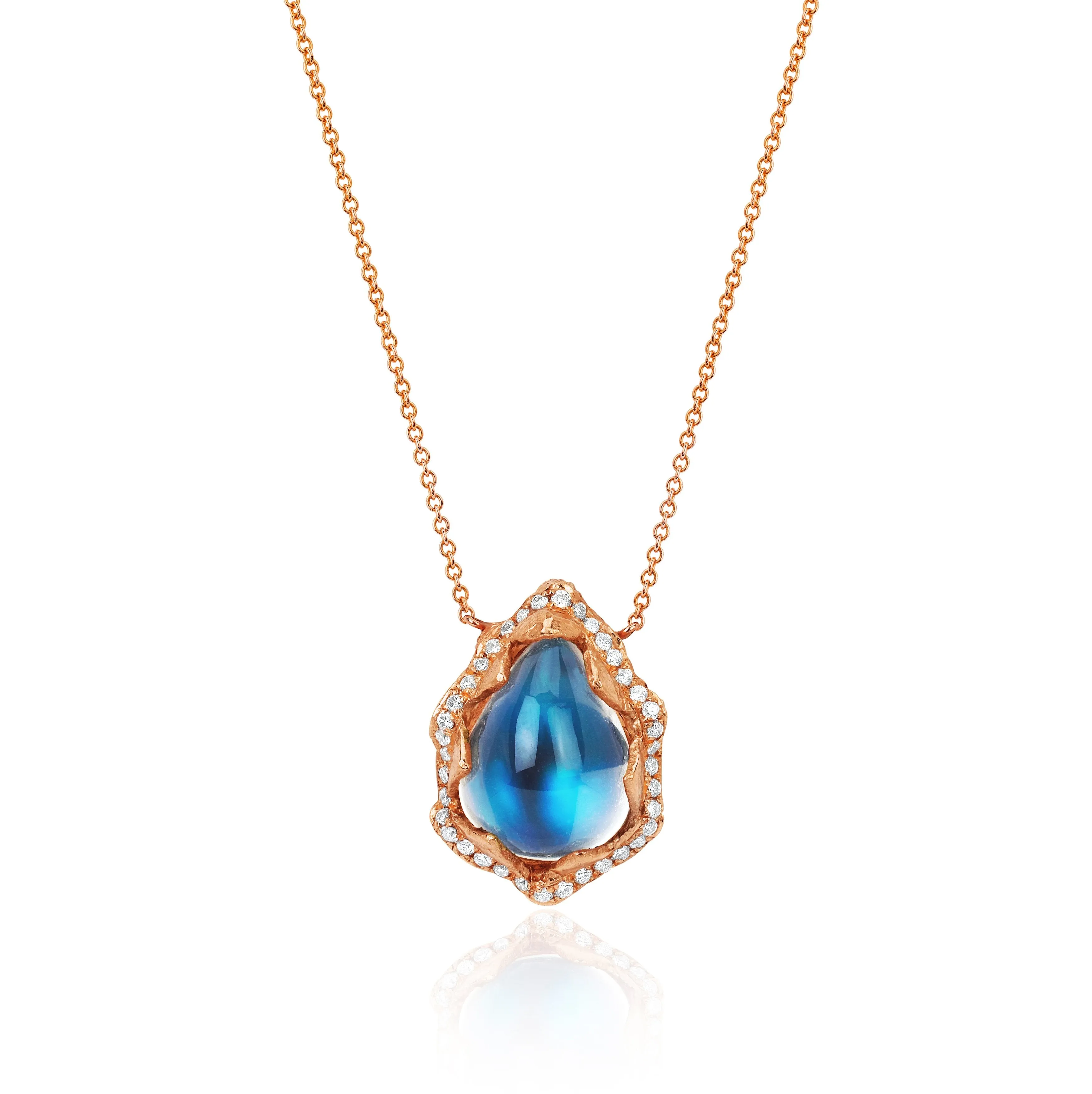 18k Queen Water Drop Blue Sheen Moonstone Necklace with Full Pavé Halo