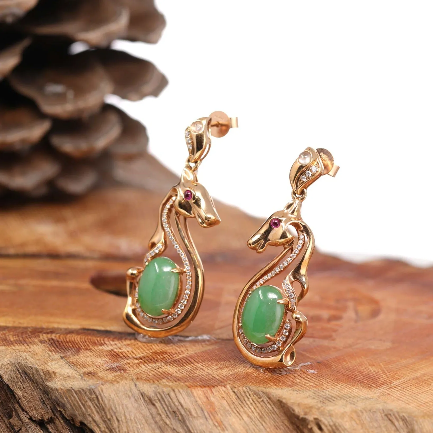 18k Rose Gold Genuine Jadeite Jade Golden Horse Earrings & Diamond