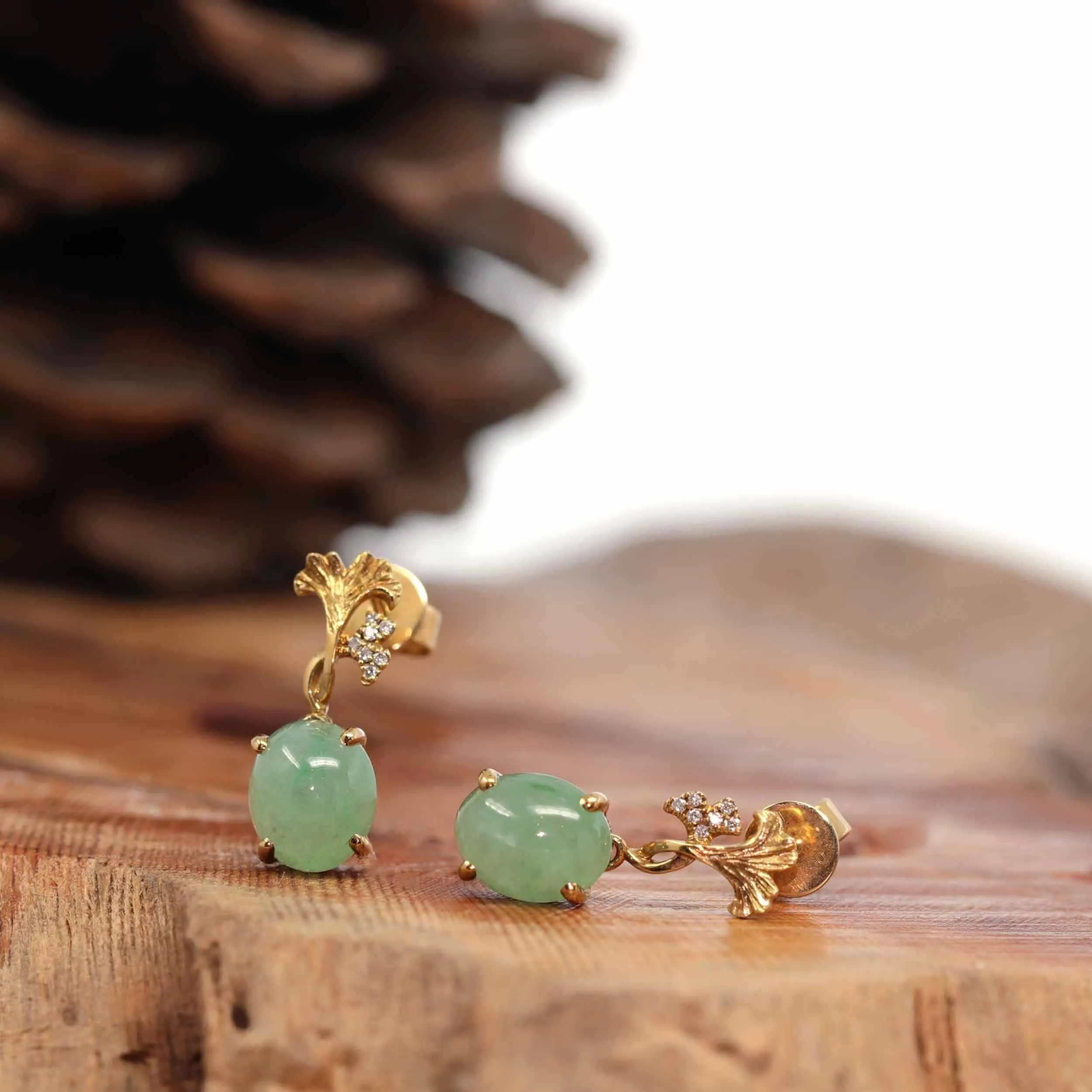 18K Rose Gold "Ginkgo Leaf" Green Jadeite Jade Dangle Stud Earrings