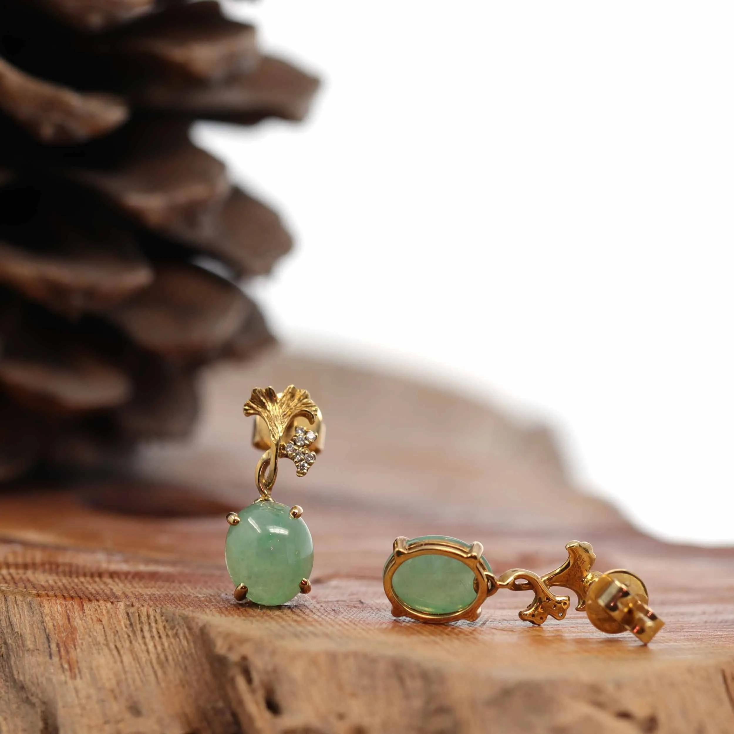 18K Rose Gold "Ginkgo Leaf" Green Jadeite Jade Dangle Stud Earrings