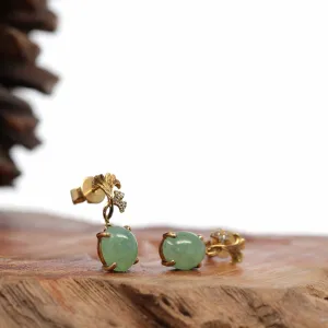 18K Rose Gold "Ginkgo Leaf" Green Jadeite Jade Dangle Stud Earrings