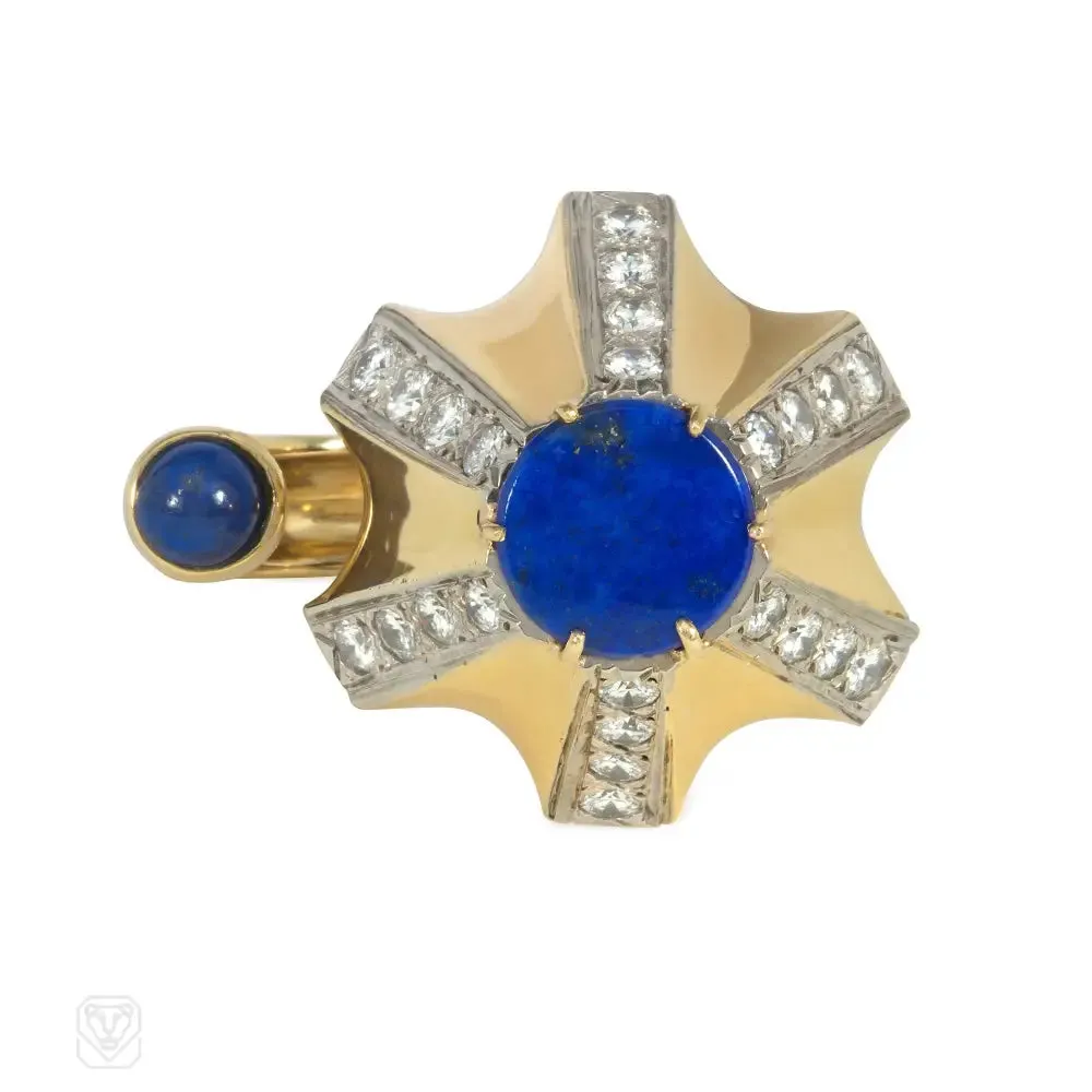 1970s Dinh Van, Cartier abstract geometric lapis and diamond ring