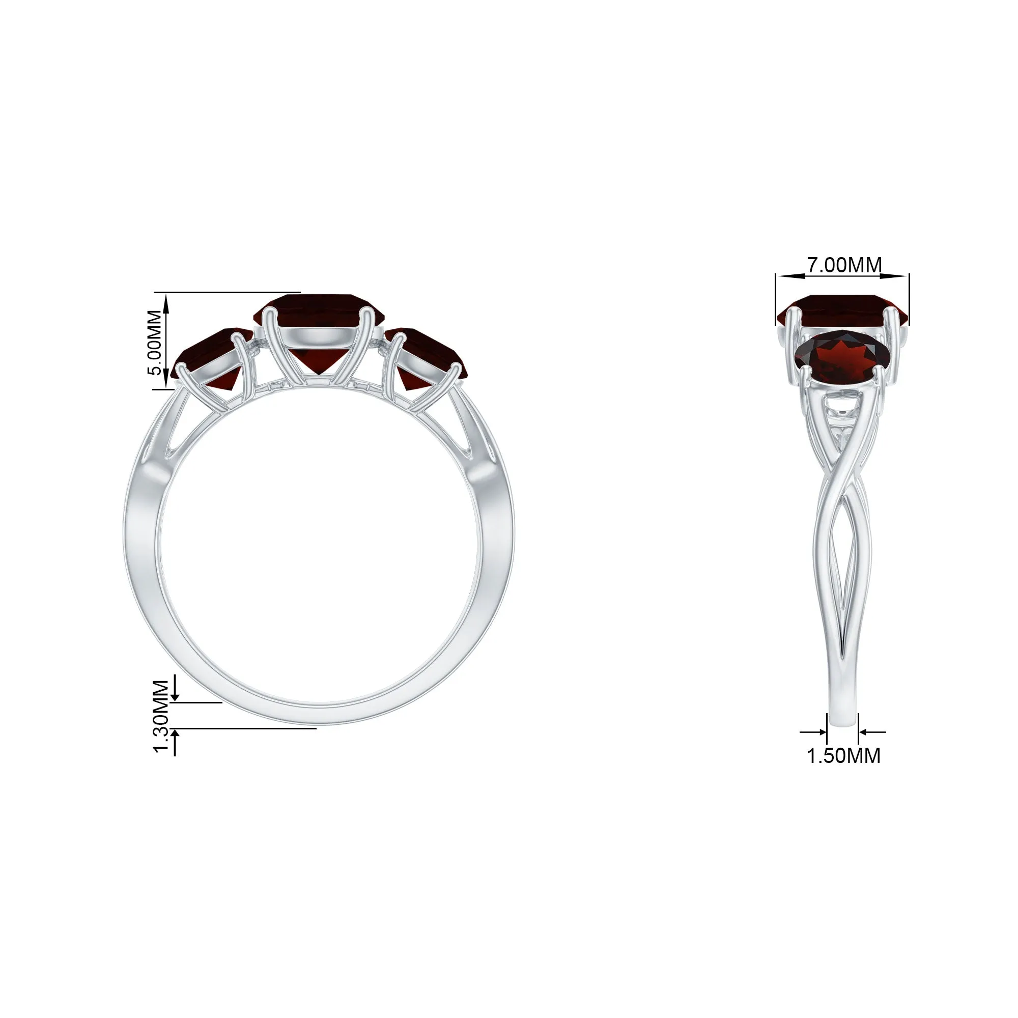 3 Stone Round Garnet Crossover Engagement Ring