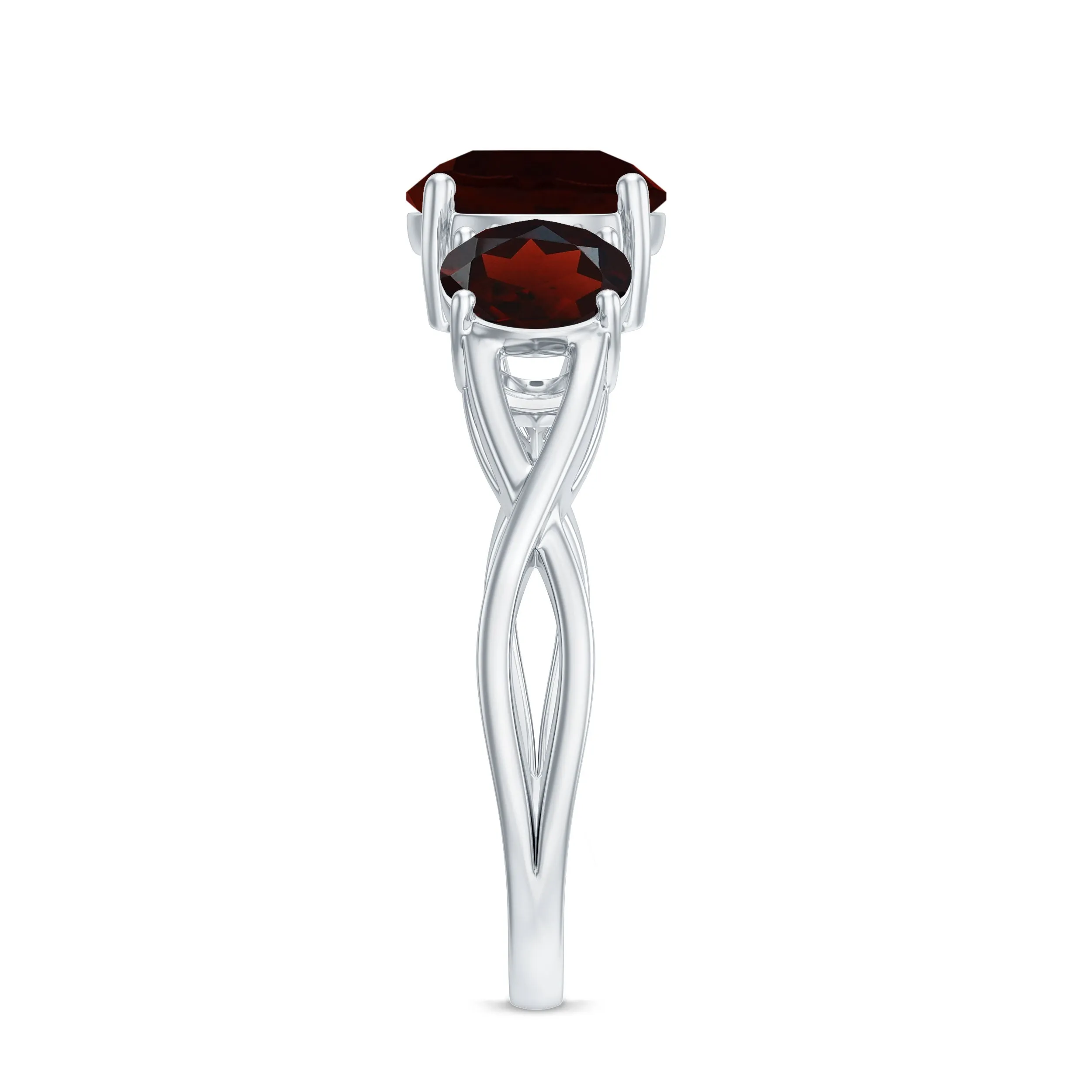 3 Stone Round Garnet Crossover Engagement Ring