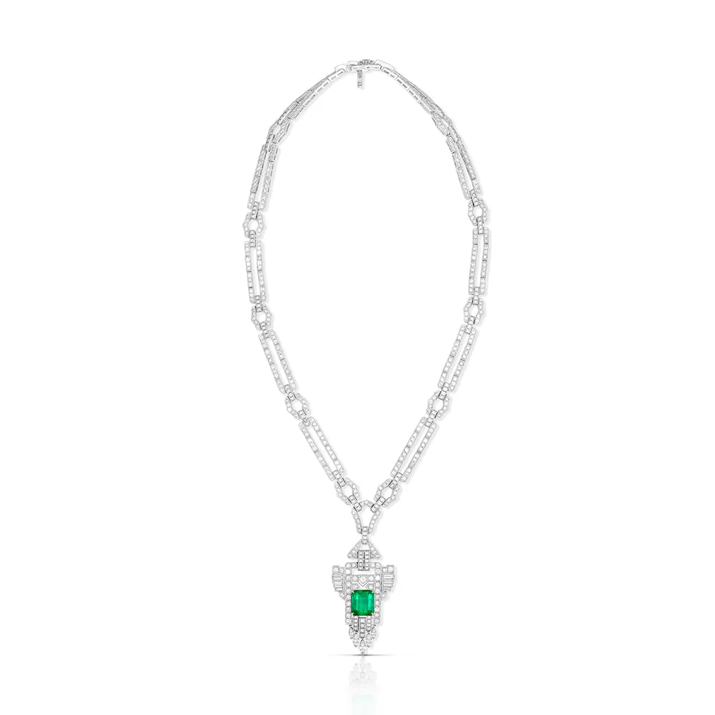 6.93 Carat Emerald and Diamond Art Deco-Style Necklace