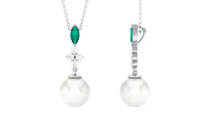 8.50 CT Freshwater Pearl Dangle Pendant with Emerald and Moissanite