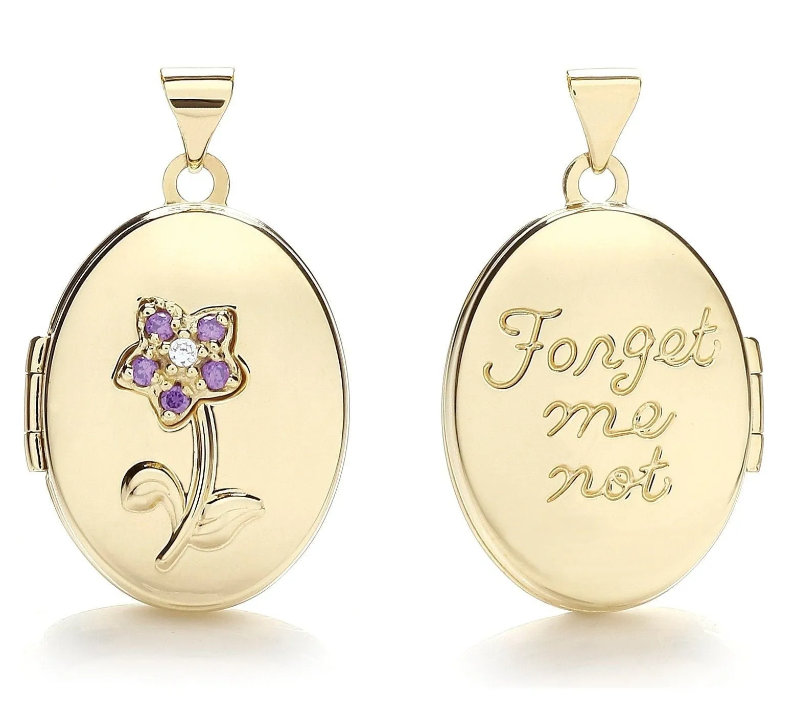 9ct Gold "Forget Me Not" Flower Oval Locket, Hand Engraved, 28mm, Chain Options 16" - 20", Gift box included