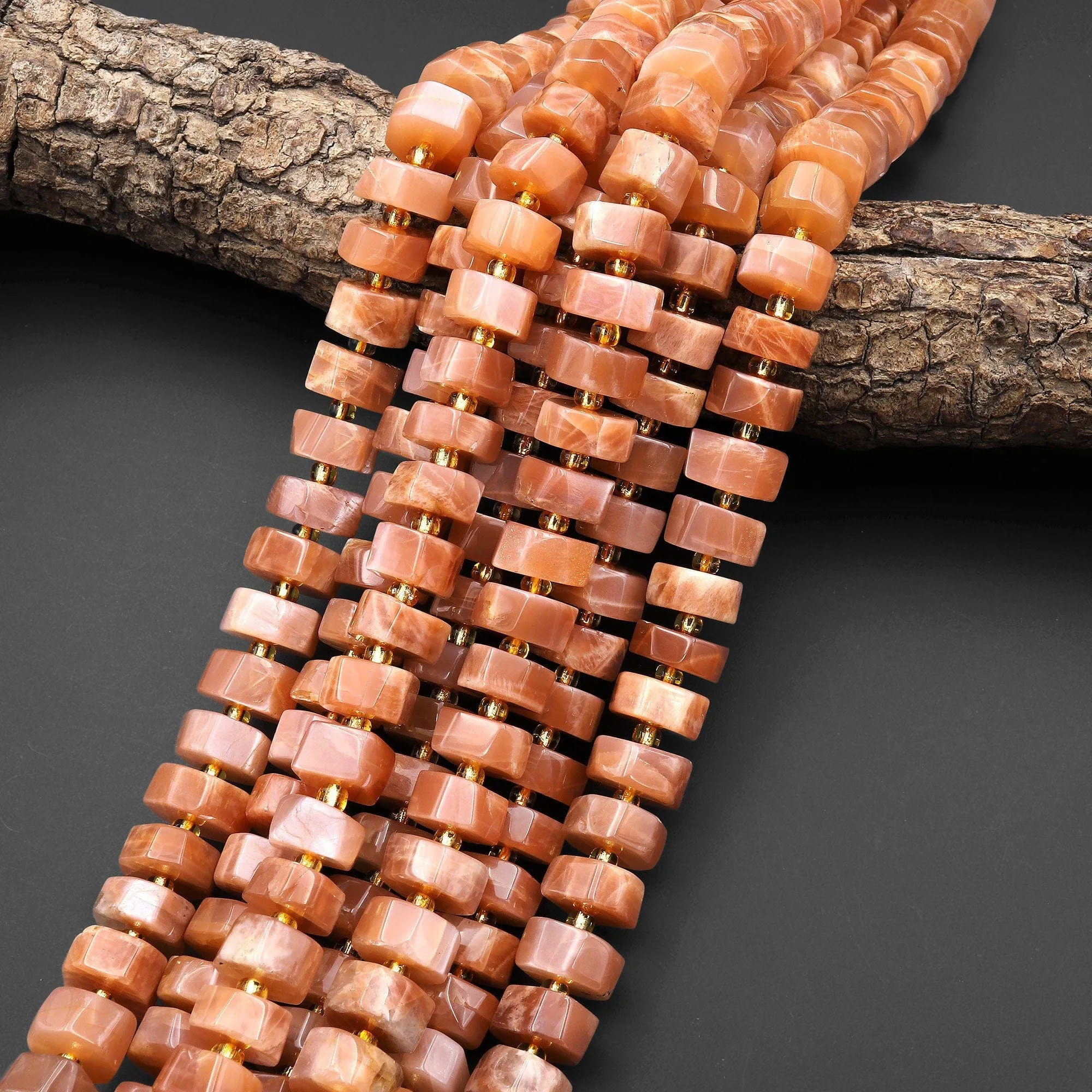 AAA Chatoyant Natural Peach Moonstone 12mm 14mm Faceted Rondelle Wheel Gemstone Beads 15.5" Strand