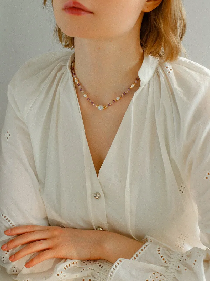 Amethyst Rice-Shaped Pearl Necklace