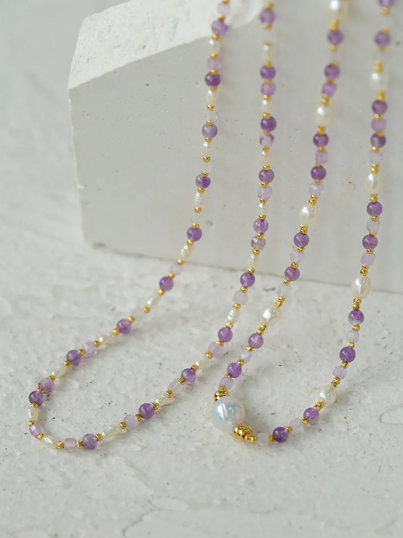 Amethyst Rice-Shaped Pearl Necklace