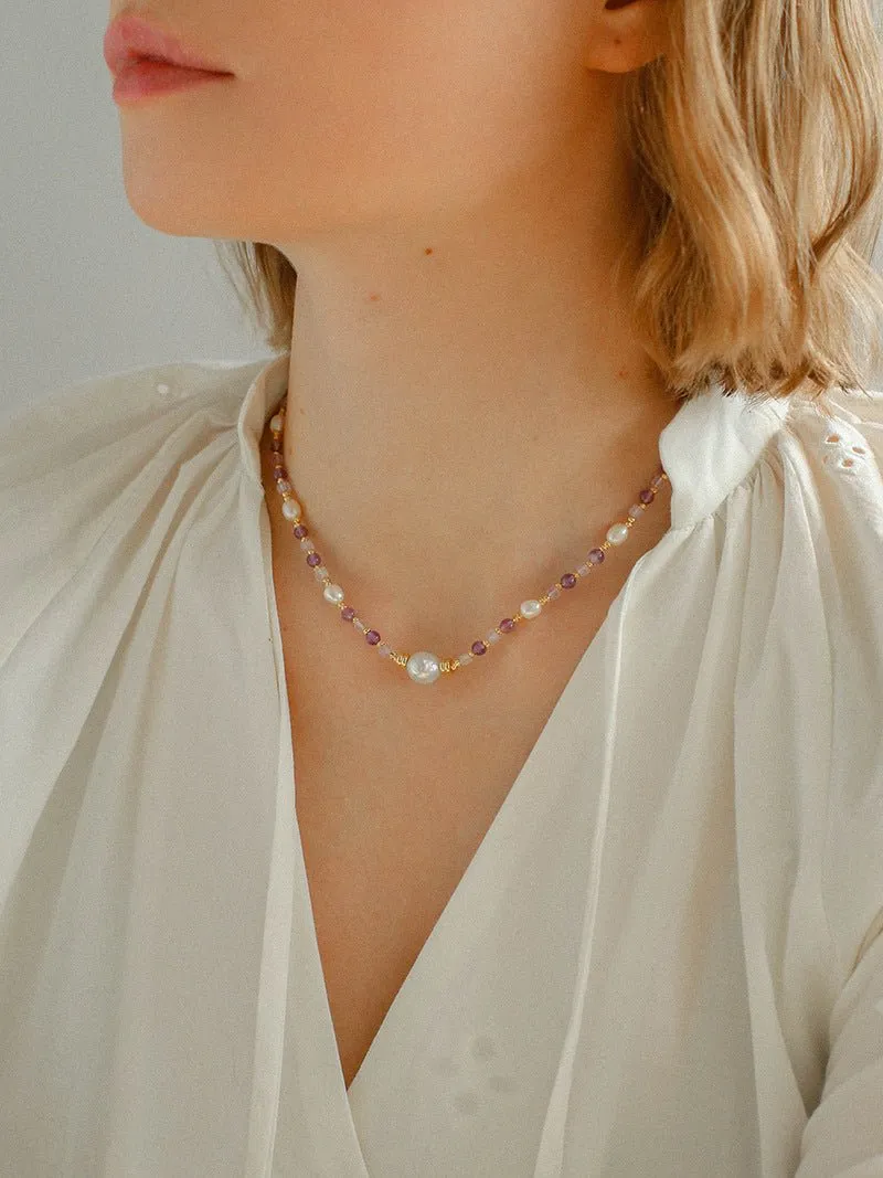 Amethyst Rice-Shaped Pearl Necklace