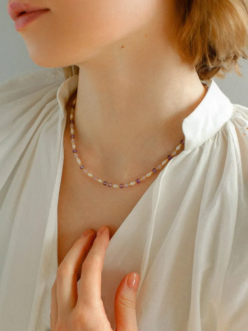Amethyst Rice-Shaped Pearl Necklace