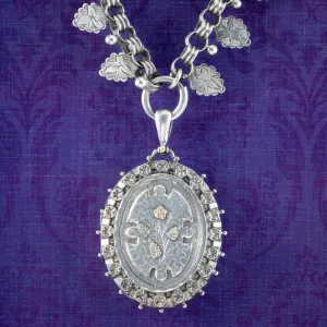 Antique Victorian Locket And Collar Necklace Sterling Silver Dated 1886