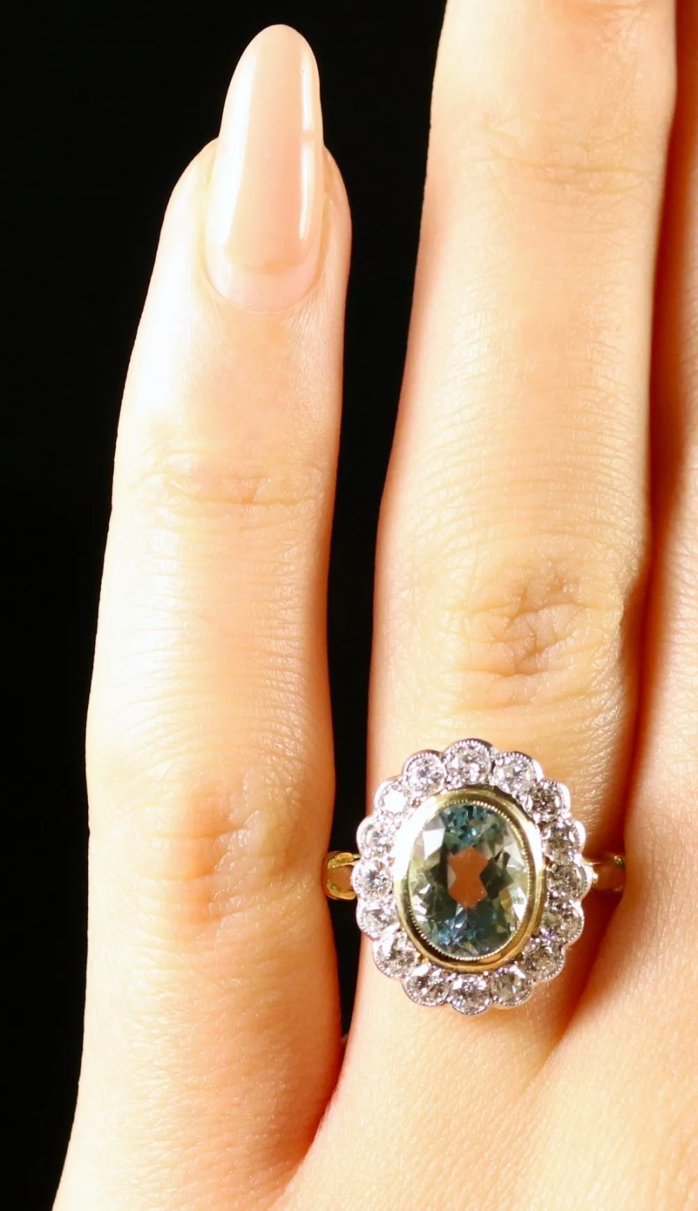 Aquamarine Diamond Cluster Ring 18Ct Gold
