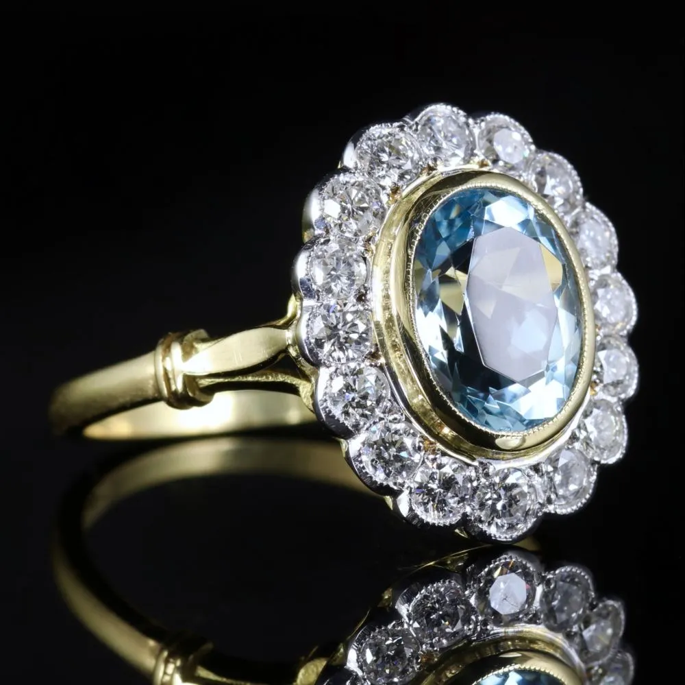 Aquamarine Diamond Cluster Ring 18Ct Gold