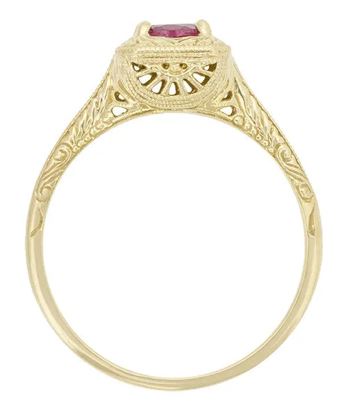 Art Deco Rhodolite Garnet Filigree Scrolls Engraved Engagement Ring in 14 Karat Yellow Gold