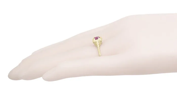 Art Deco Rhodolite Garnet Filigree Scrolls Engraved Engagement Ring in 14 Karat Yellow Gold
