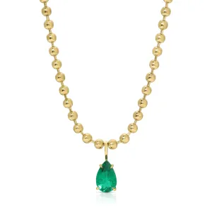 BALL CHAIN NECKLACE WITH PEAR SHAPED EMERALD PENDANT