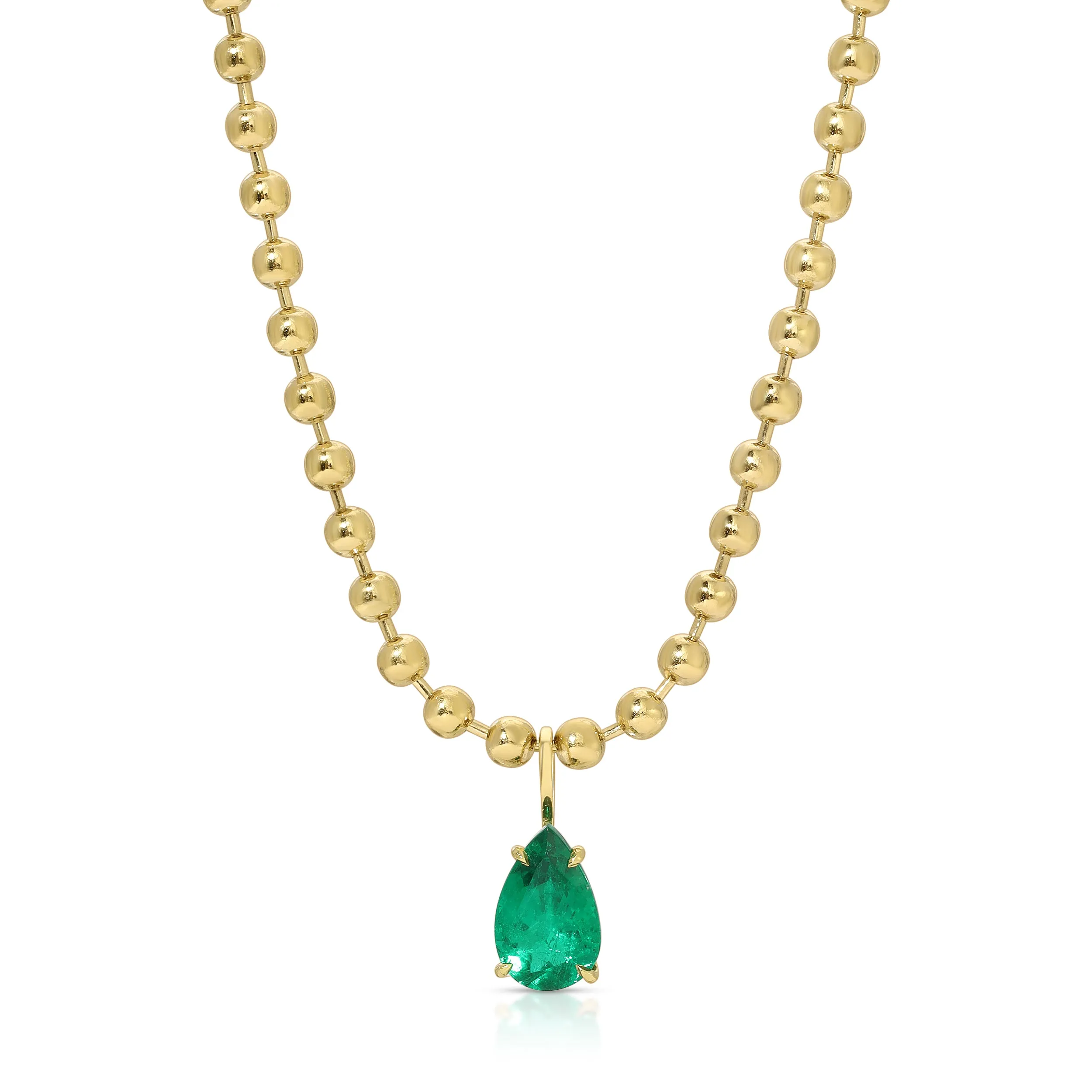 BALL CHAIN NECKLACE WITH PEAR SHAPED EMERALD PENDANT