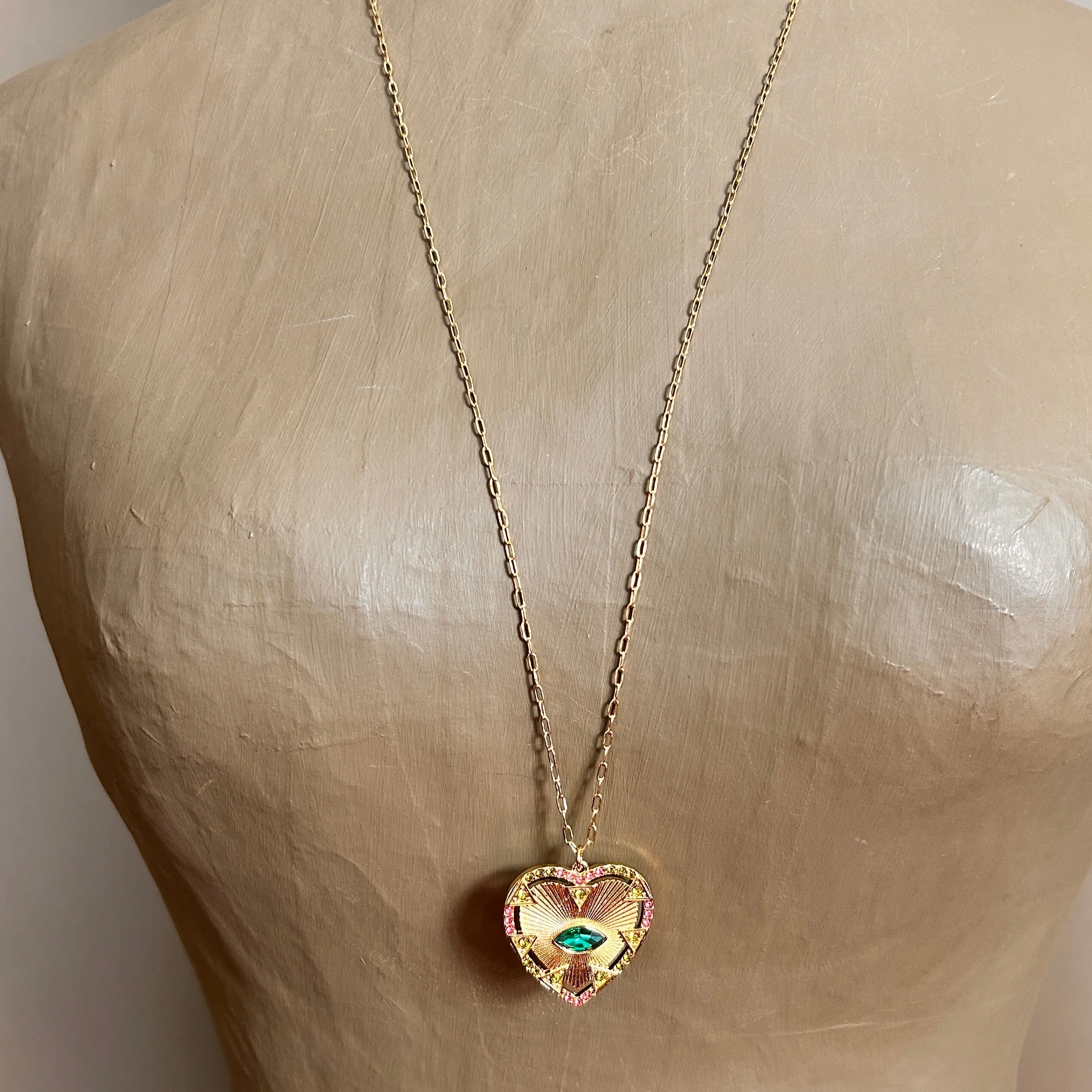 BELLA long chain necklace with emerald crystal heart and eye pendant