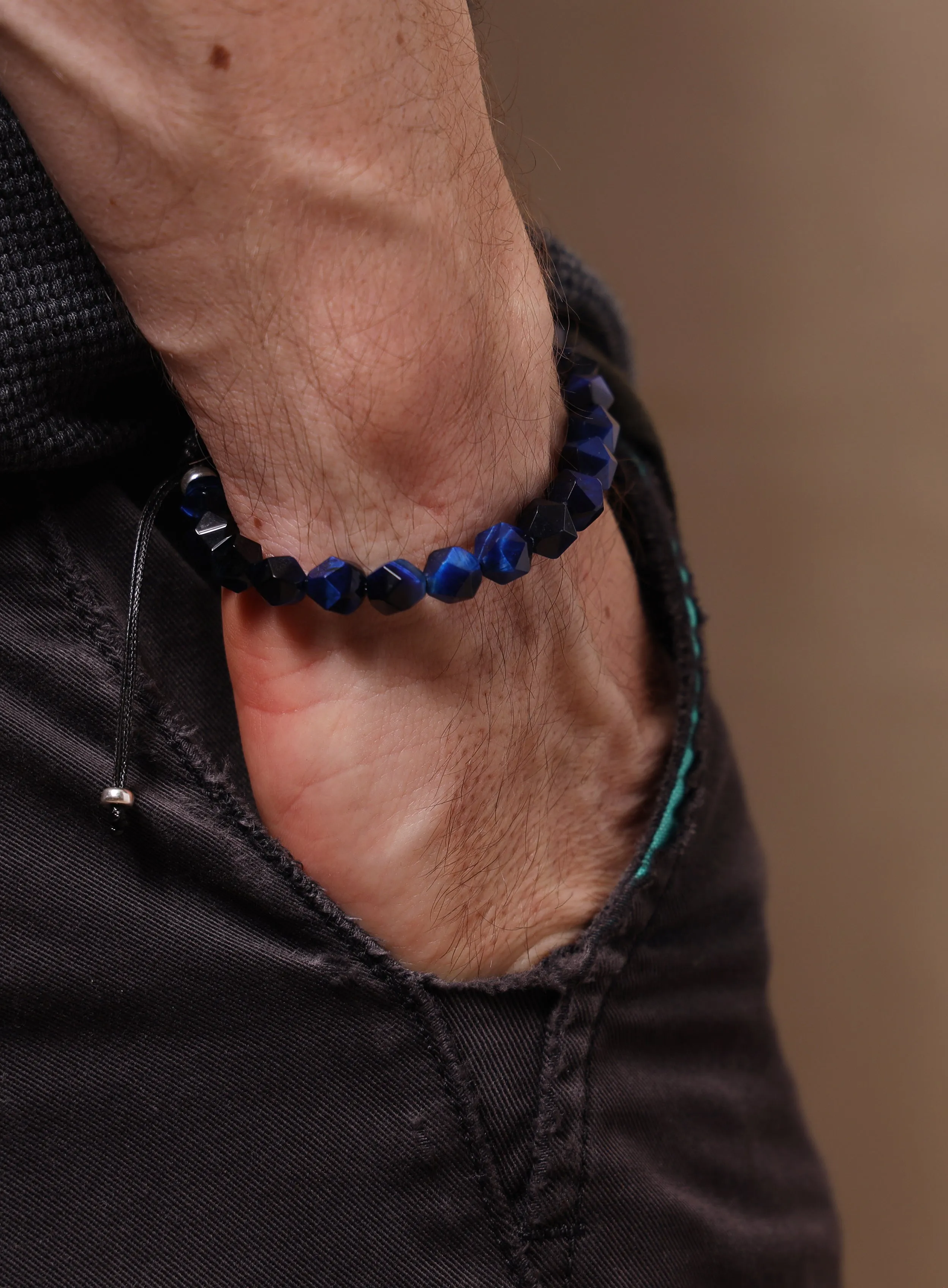 Blue Tiger Eye and Sterling Silver Bead Men's Bracelet