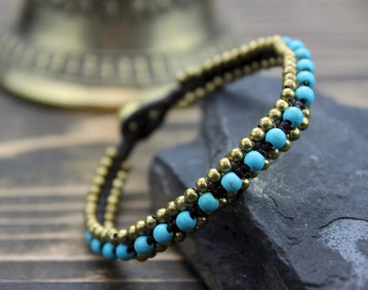 Brass and Turquoise Bead Wrap Bracelet