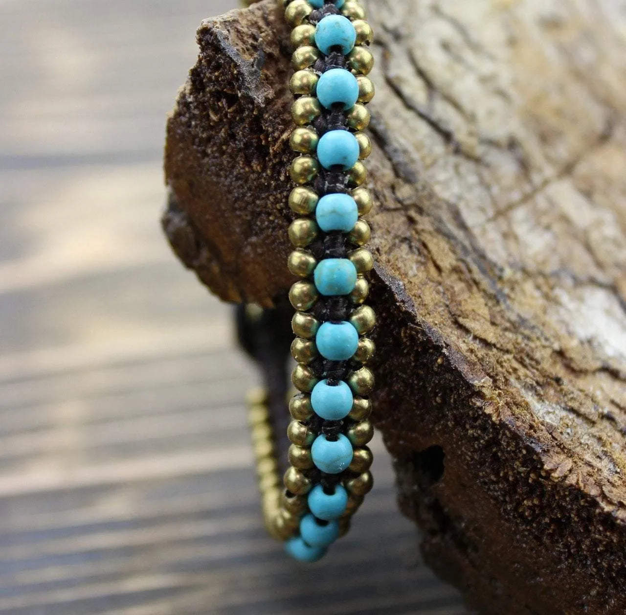 Brass and Turquoise Bead Wrap Bracelet