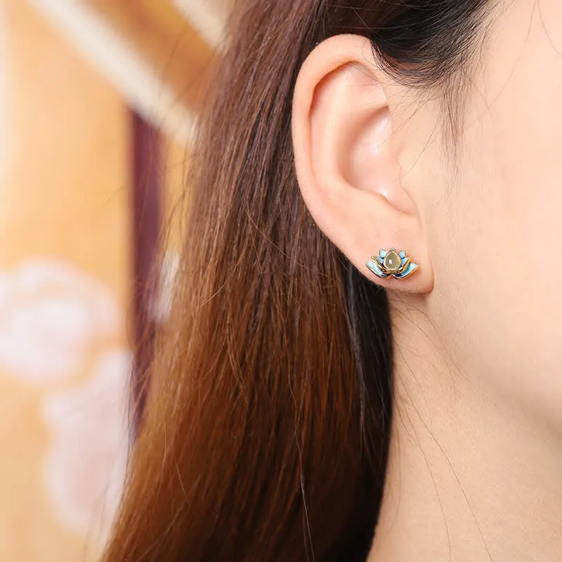 Buddha Stones 925 Sterling Silver Hetian Cyan Jade Lotus Flower Success Earrings