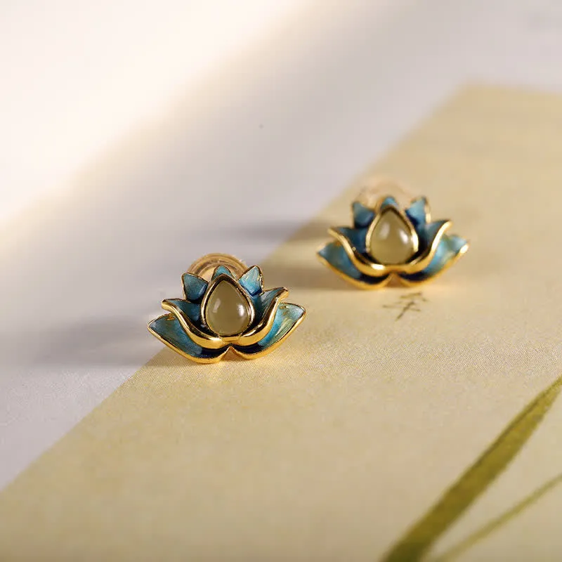 Buddha Stones 925 Sterling Silver Hetian Cyan Jade Lotus Flower Success Earrings