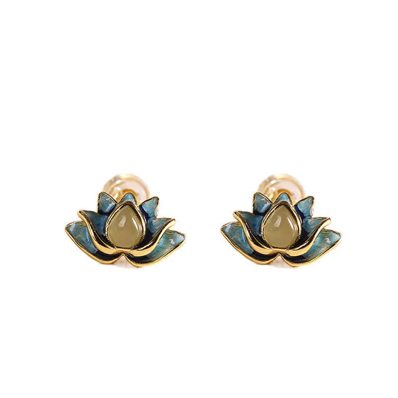 Buddha Stones 925 Sterling Silver Hetian Cyan Jade Lotus Flower Success Earrings
