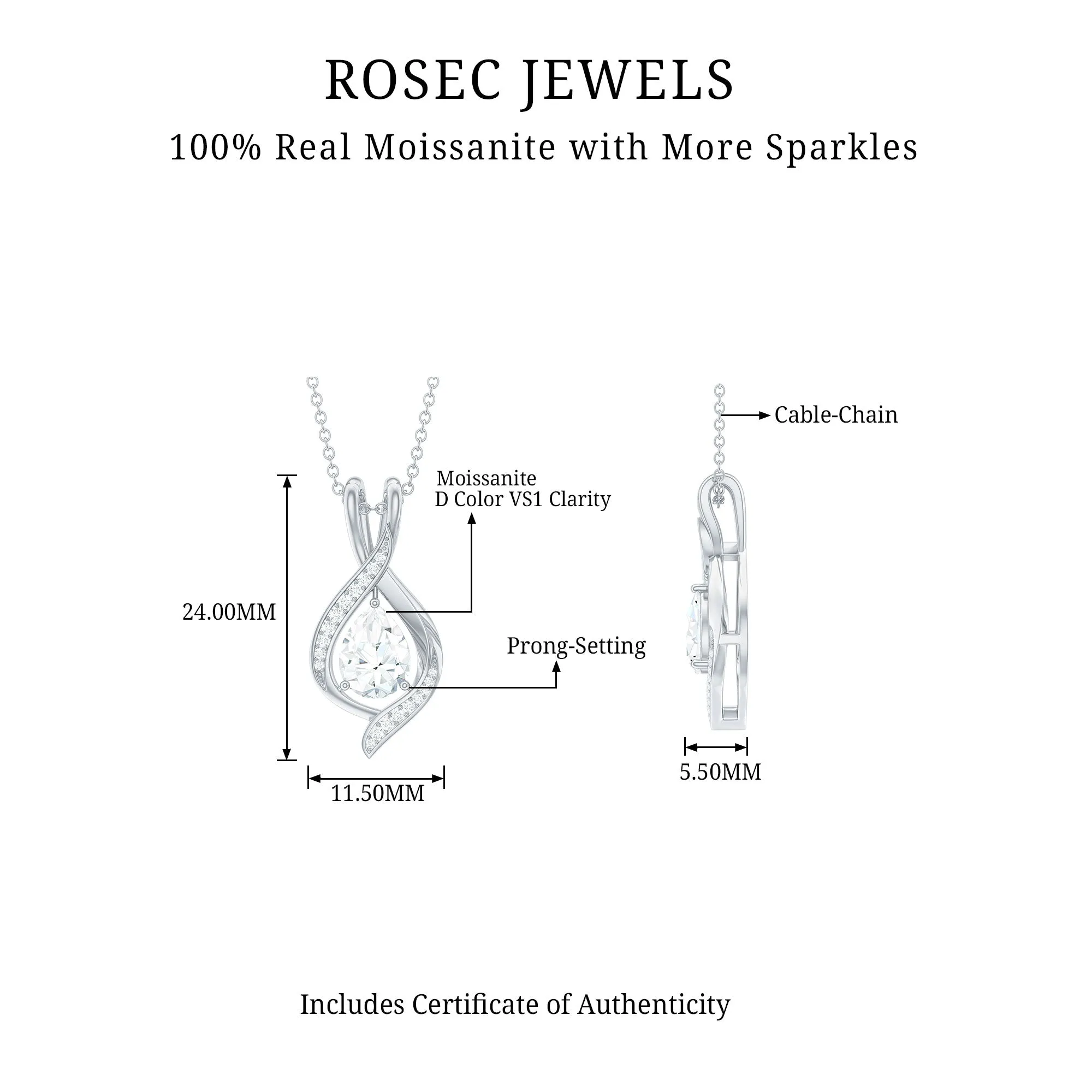Certified Moissanite Classic Teardrop Pendant in Silver