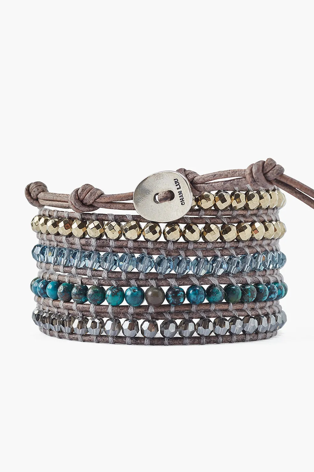 Chan Luu Pyrite Turquoise Mix Wrap Bracelet On Gray Leather