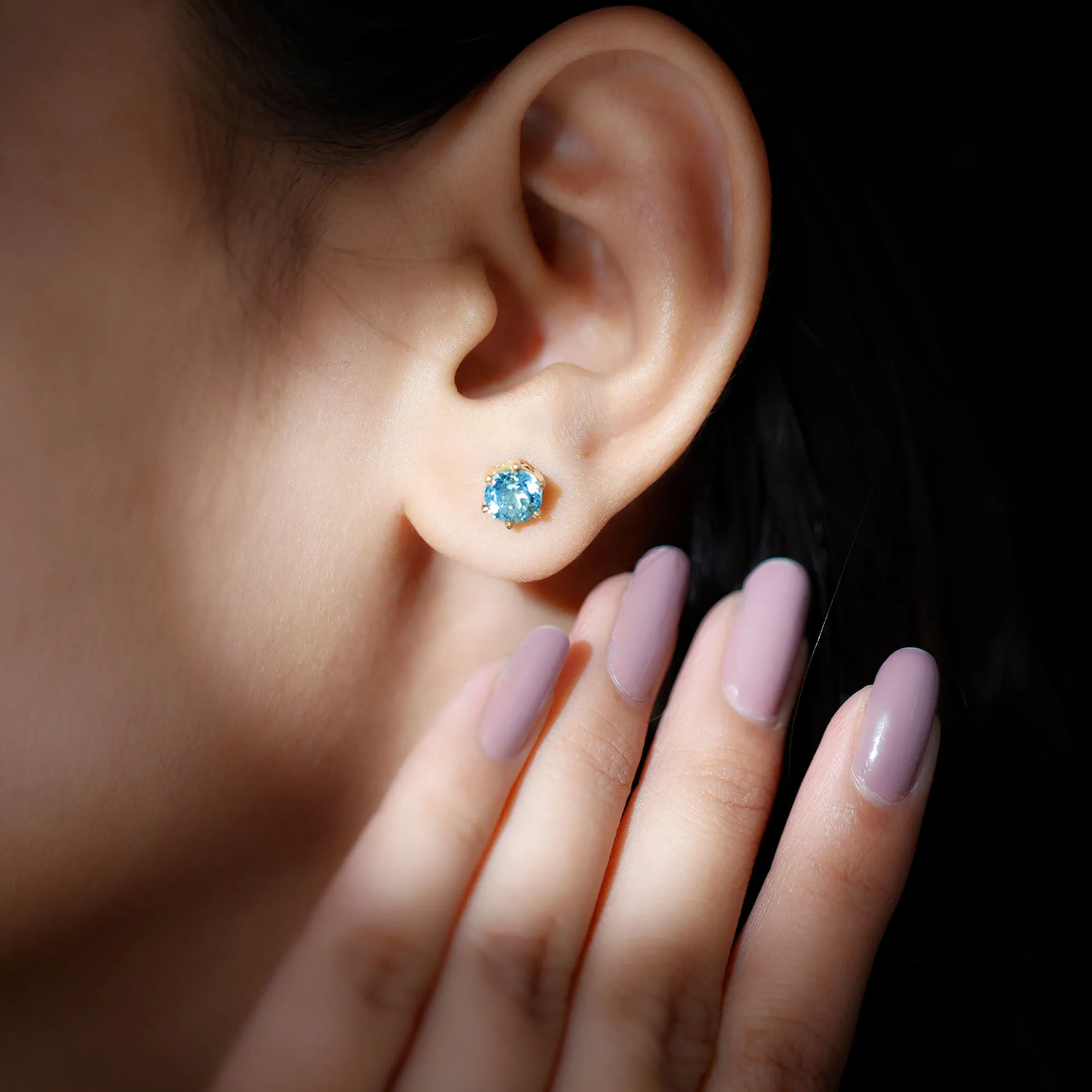 Claw Set Round Aquamarine Solitaire Stud Earrings