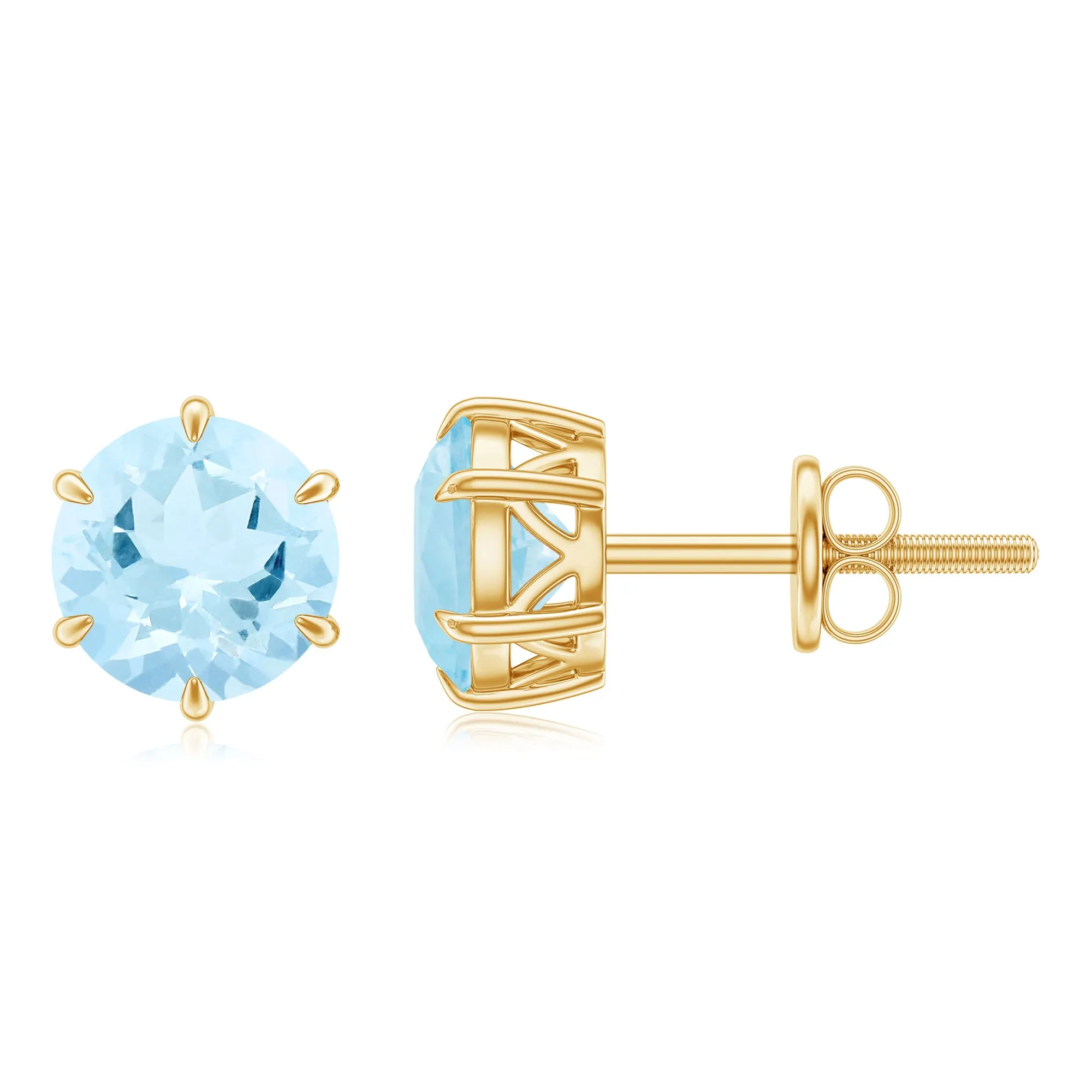 Claw Set Round Aquamarine Solitaire Stud Earrings