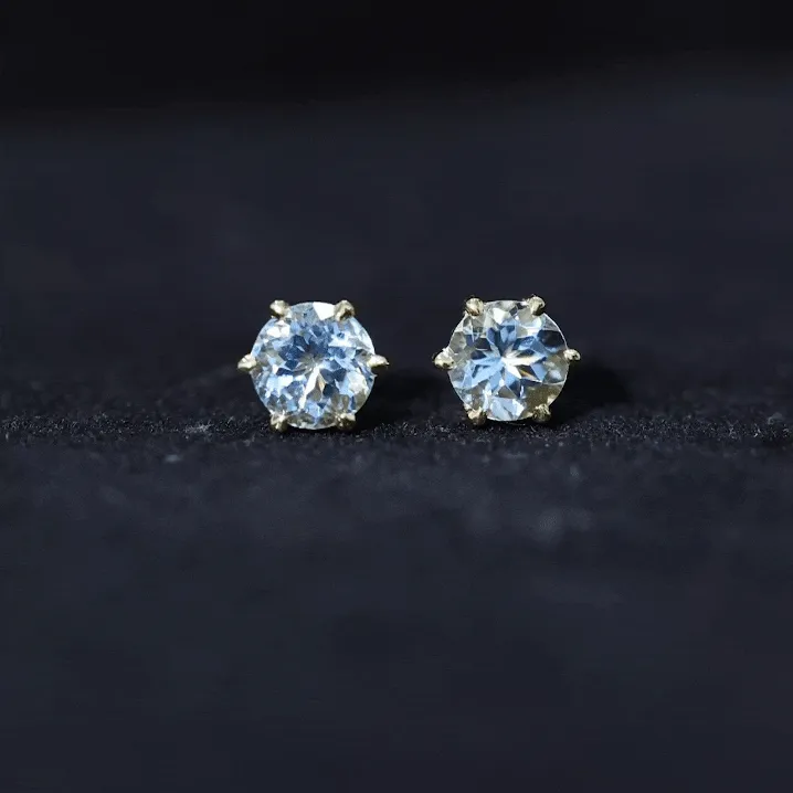 Claw Set Round Aquamarine Solitaire Stud Earrings