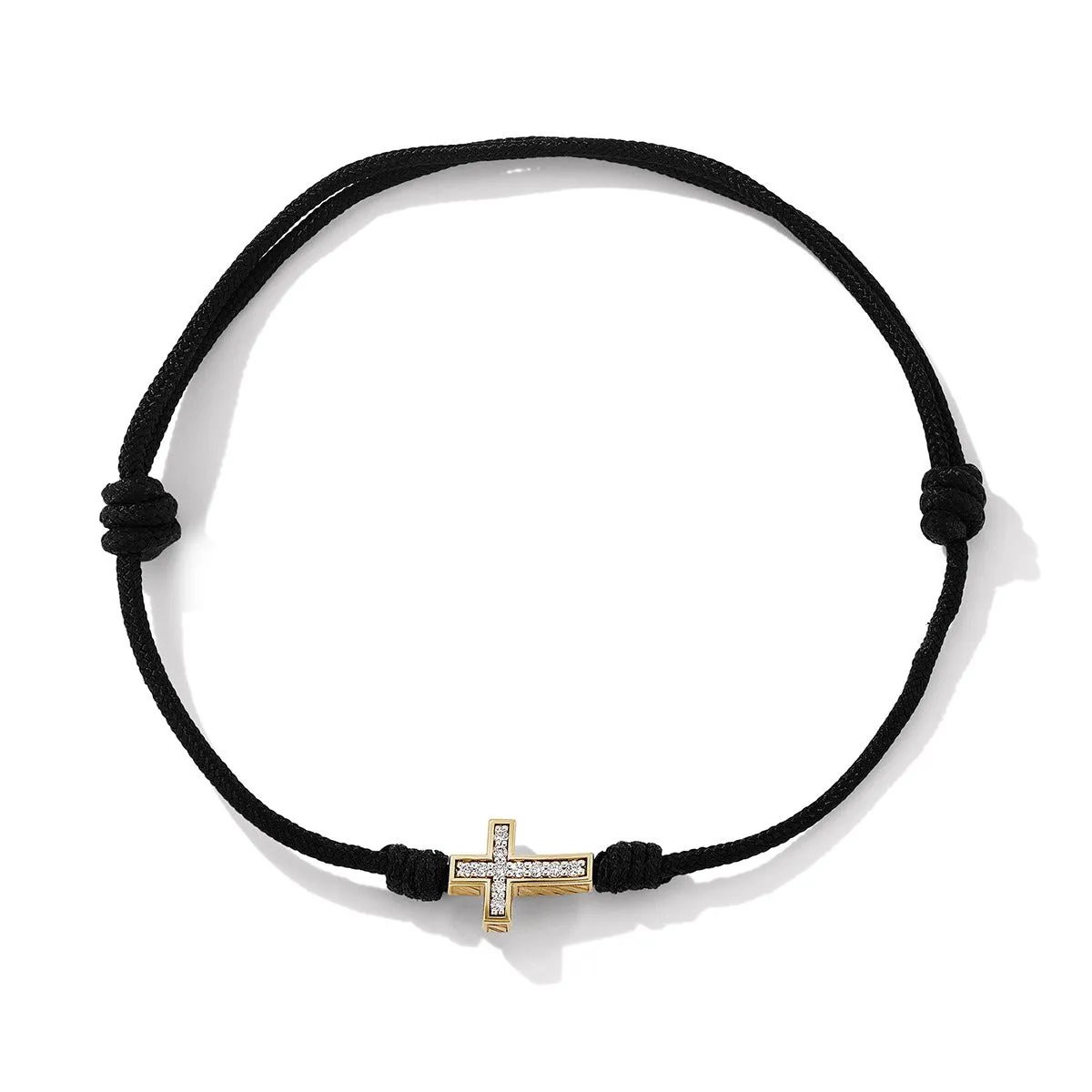 Cross Black Cord Bracelet with 18K Yellow Gold and Pave Diamonds