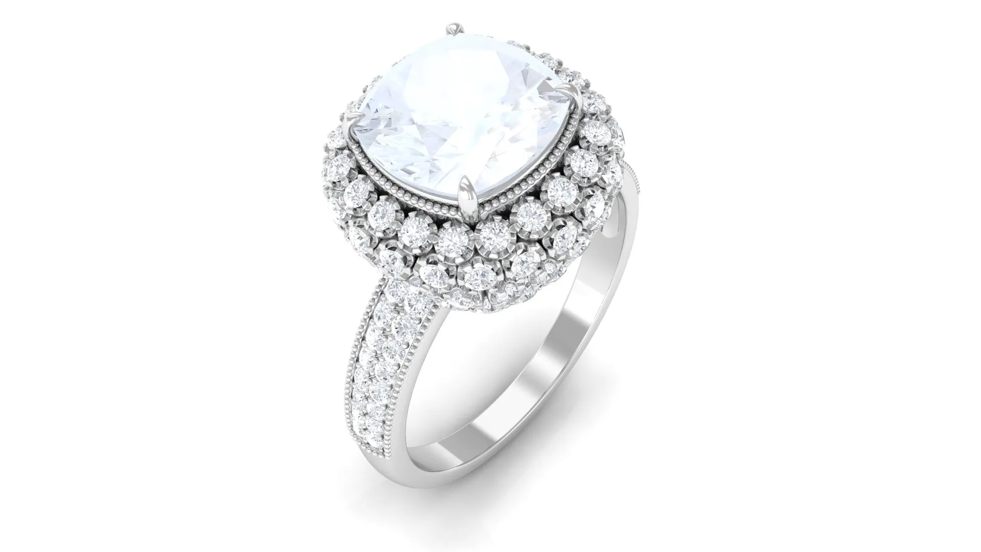 Cushion Cut Moonstone Statement Engagement Ring with Moissanite