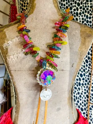 Dakota Clear Crystal Chunky Stone Buffalo Nickel Necklace - multi