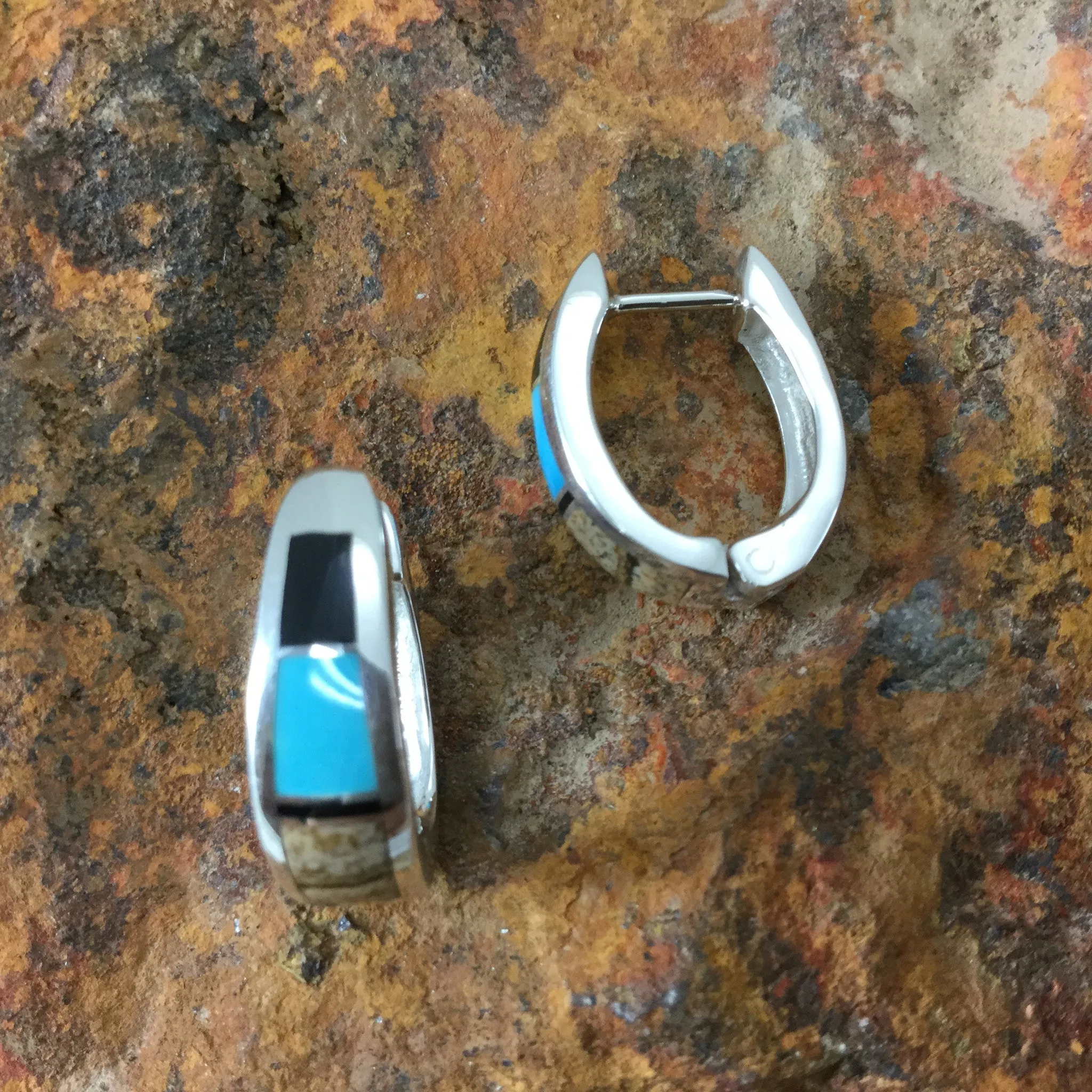 David Rosales Turquoise Creek Inlaid Sterling Silver Earrings Huggies